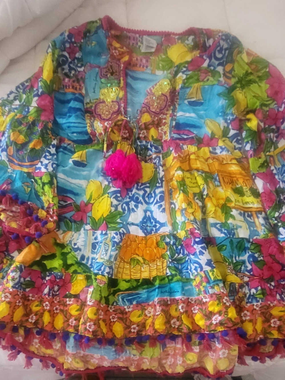 Bright Multi-Color Girls' Summer Dress with Pom Trim